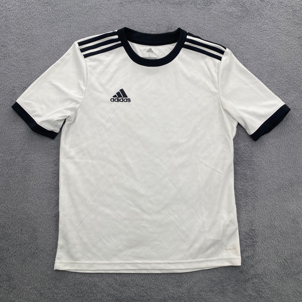 Adidas Soccer Jersey Youth Large White Climalite Three Stripe Short Sleeve 574